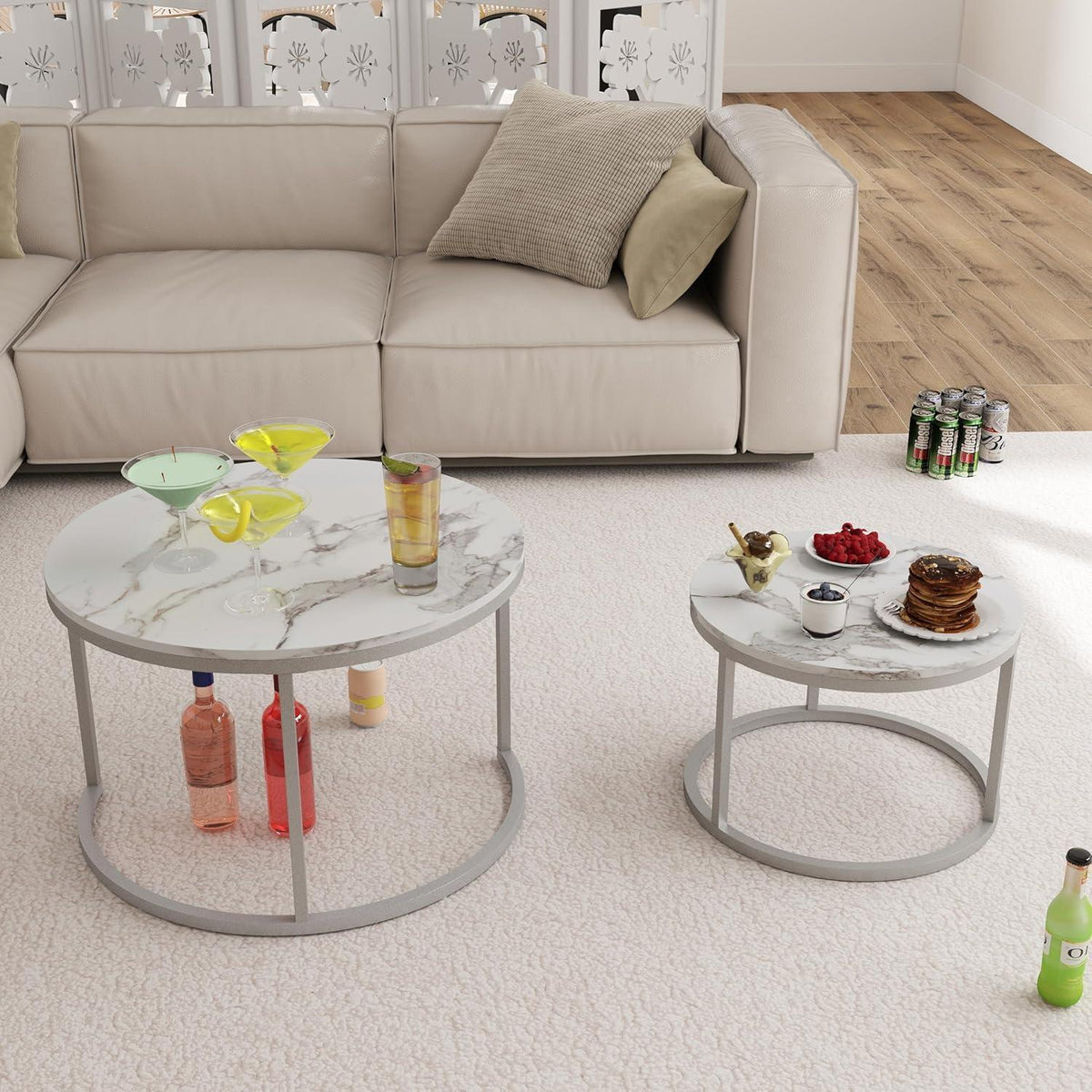 Runder Marmor Couchtisch Weiß & Silber 2er Set