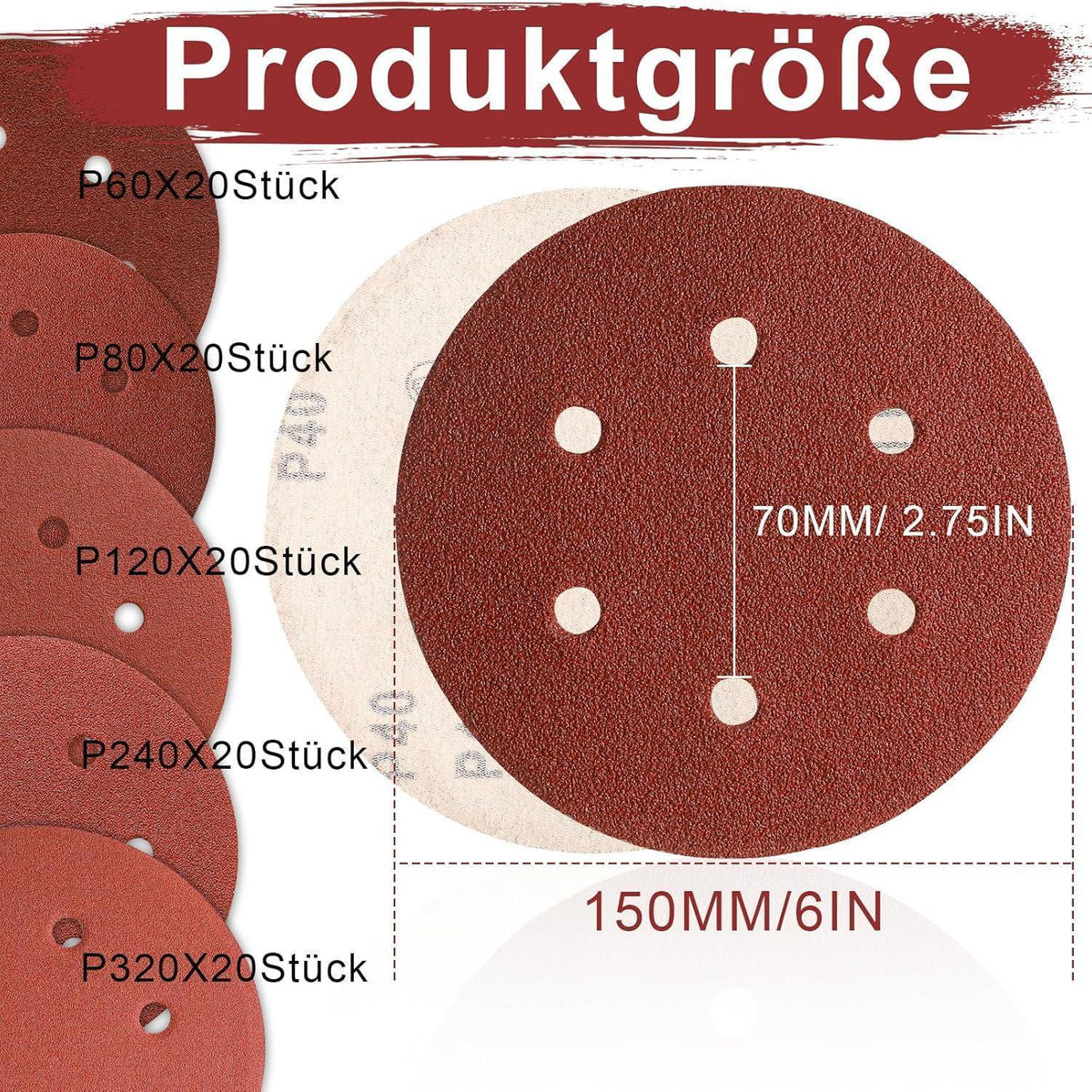 Schleifpapier 150mm Klett, 100 Stück, gemischte Körnung