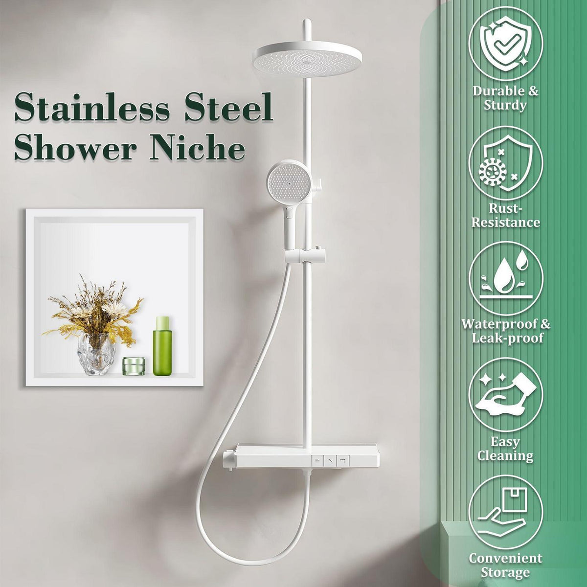 Wandnische Dusche Weiß 30x30cm – Edelstahl Badezimmerregal