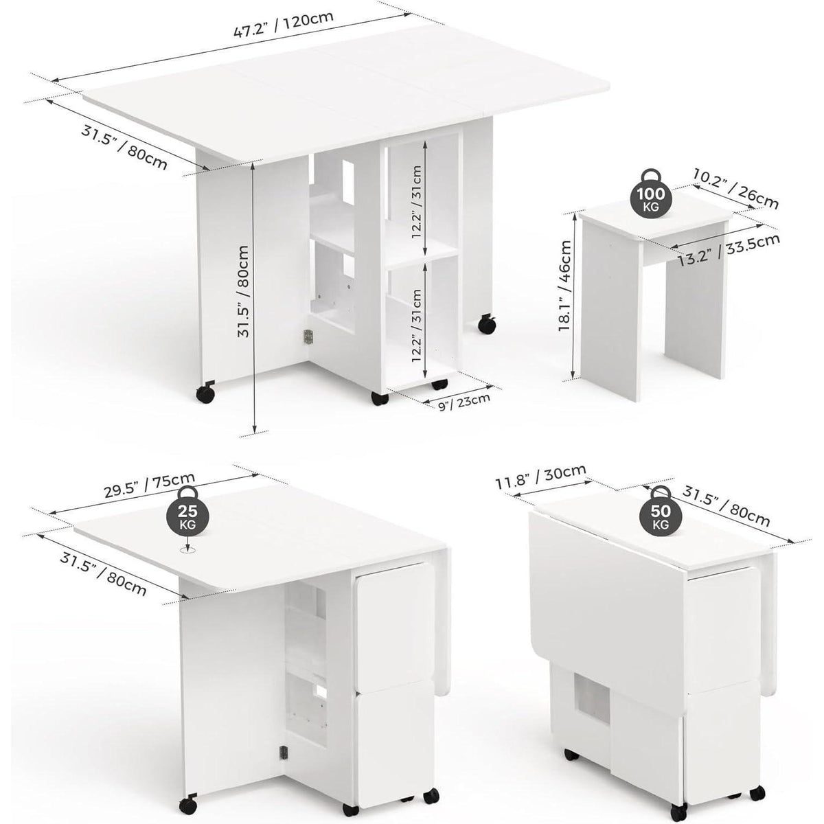 Klappbarer Esstisch Set mit 4 Stühlen – Weiß, 120x80cm