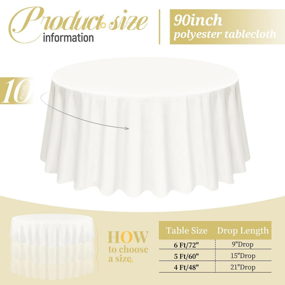 10er-Pack Elfenbein Tischdecken rund 90 Zoll Polyester