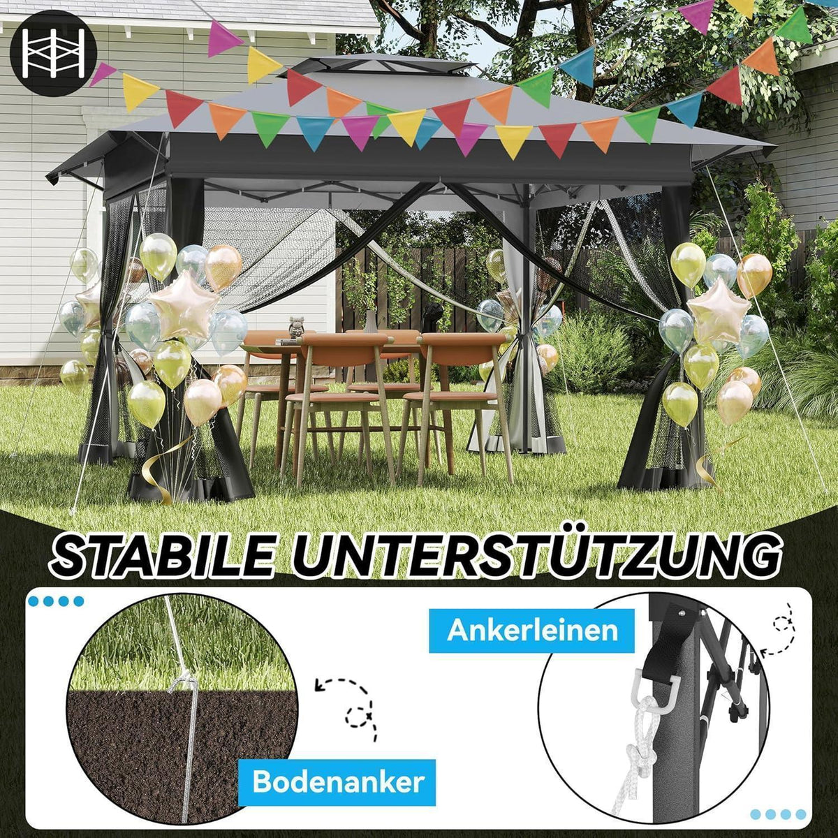 Faltbarer Gartenpavillon 4x4m mit EIN-Klick-Aufbau