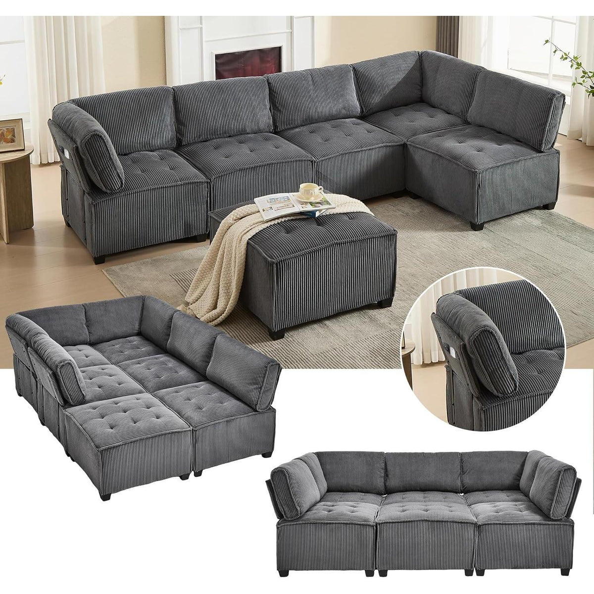 Flexibles 6-Sitzer Sofa (308cm) Grau, Cordstoff & Schlafsofa