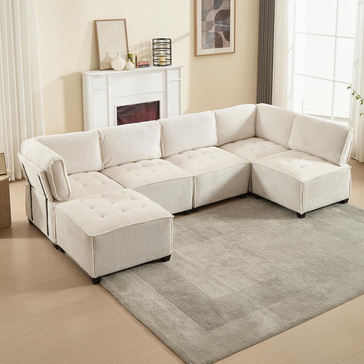 6-Sitzer Sofa 308cm Cord Stoff, Flexibel & Komfortabel (Beige)