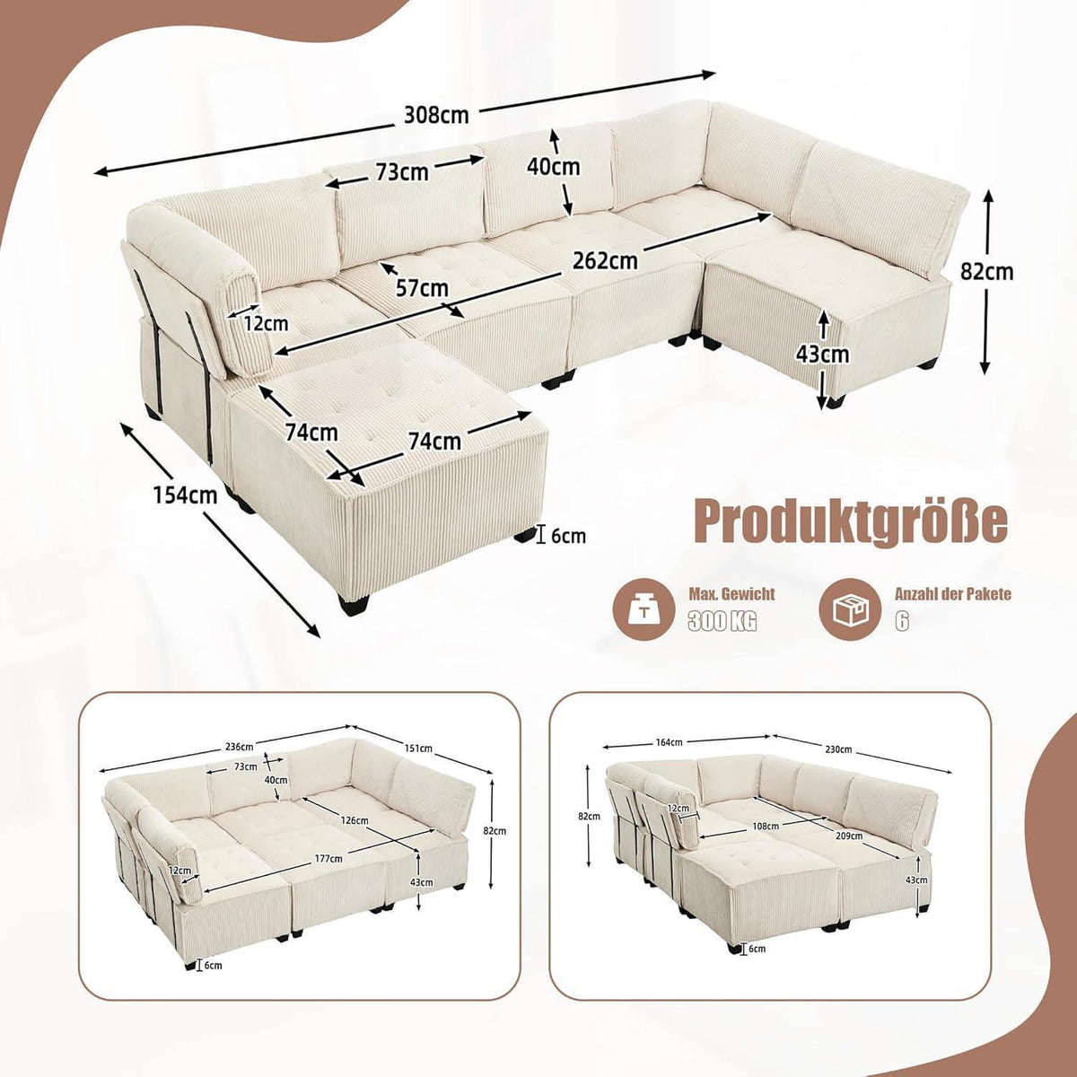 6-Sitzer Sofa 308cm Cord Stoff, Flexibel & Komfortabel (Beige)