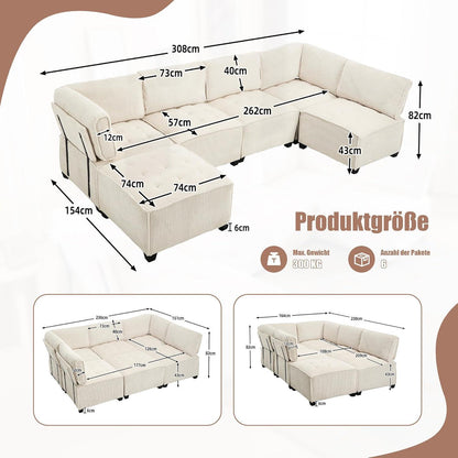 6-Sitzer Sofa 308cm Cord Stoff, Flexibel & Komfortabel (Beige)