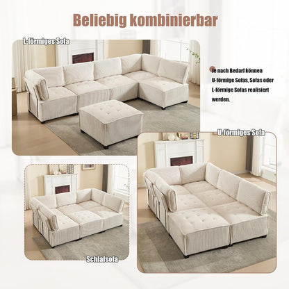 6-Sitzer Sofa 308cm Cord Stoff, Flexibel & Komfortabel (Beige)