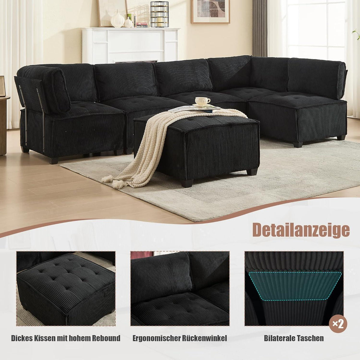 Flexibles 6-Sitzer Sofa Schwarz, Cordstoff, U-/L-Form & Schlafsofa