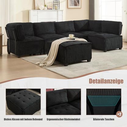 Flexibles 6-Sitzer Sofa Schwarz, Cordstoff, U-/L-Form & Schlafsofa