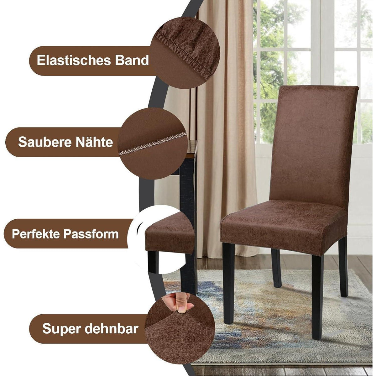 Stretch Stuhlhussen Sämischleder 6er Set Braun