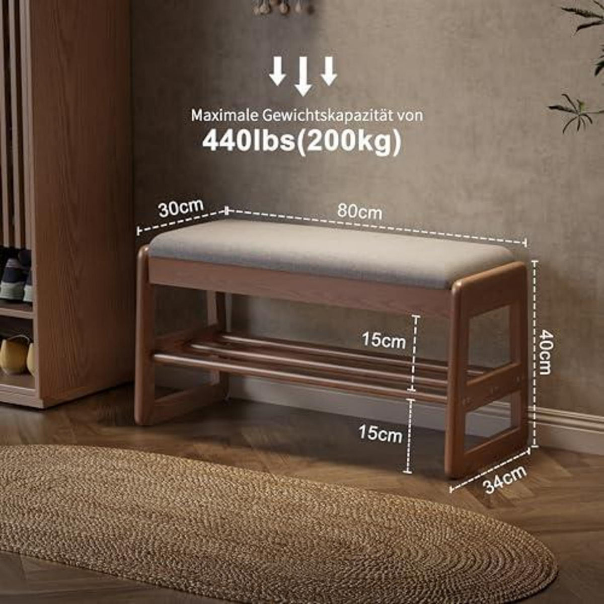 Holz Schuhregal Bank mit Kissen & Stauraum – 80cm Walnuss