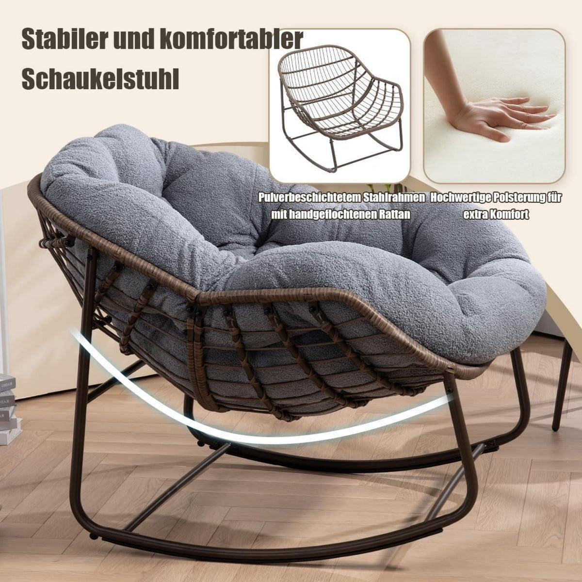 Rattan Schaukelstuhl mit Sherpa Fleece - Grau, Indoor & Outdoor