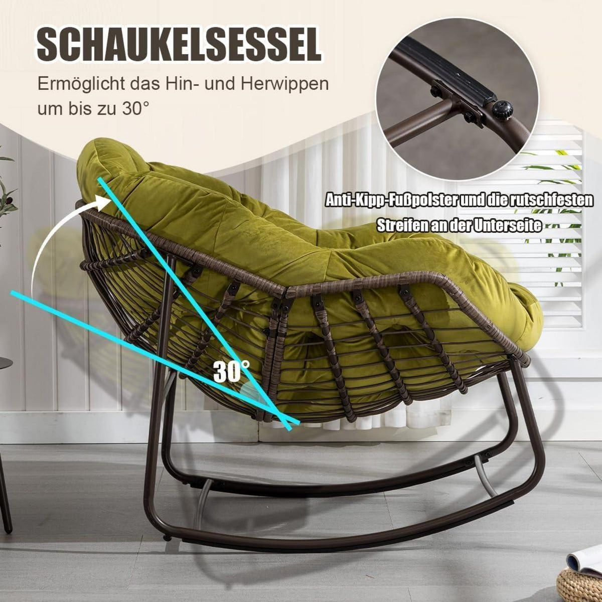 Rattan Schaukelstuhl mit Samt – Olivgrün, Eiförmig für Wohnen & Garten