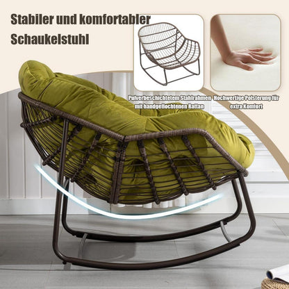 Rattan Schaukelstuhl mit Samt – Olivgrün, Eiförmig für Wohnen & Garten