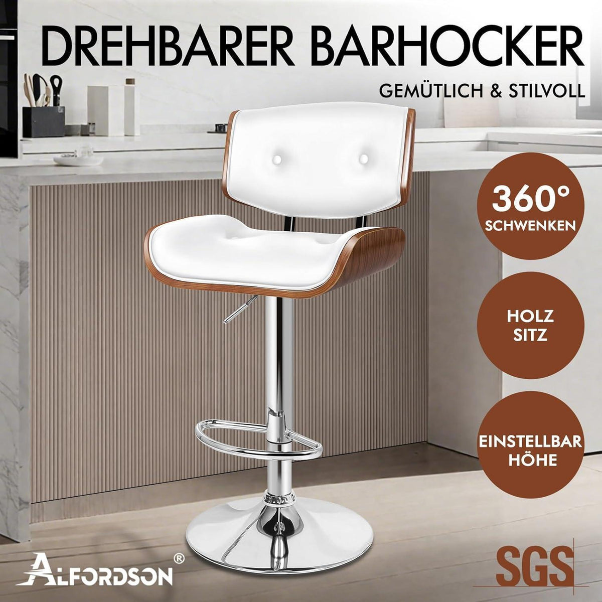 Verstellbarer Barhocker mit 360° Drehung – Weiß