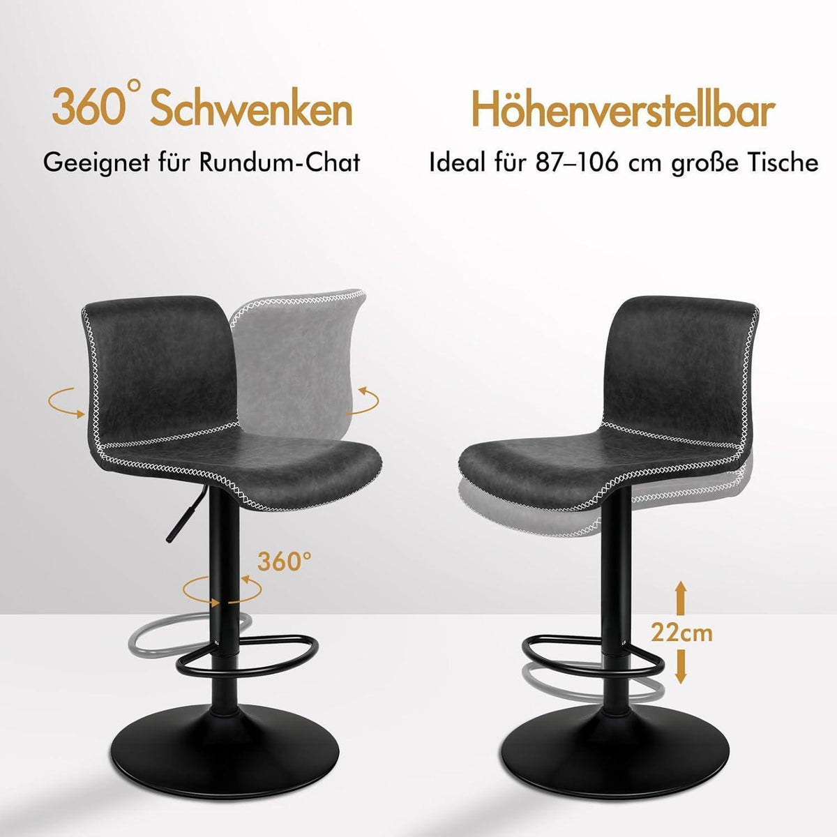 2 Barhocker Höhenverstellbar & Drehbar - Dunkelgrau in Lederoptik