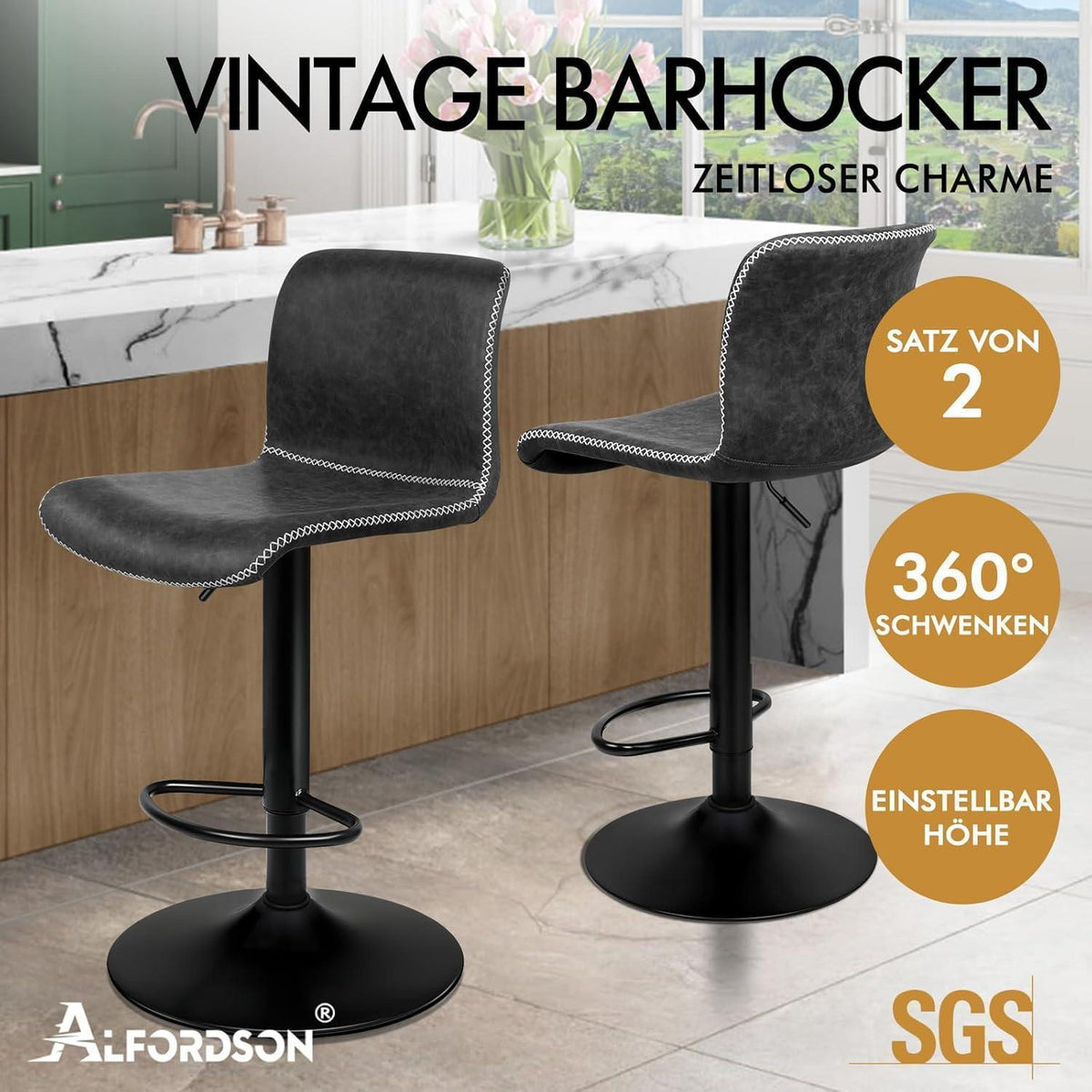 2 Barhocker Höhenverstellbar & Drehbar - Dunkelgrau in Lederoptik