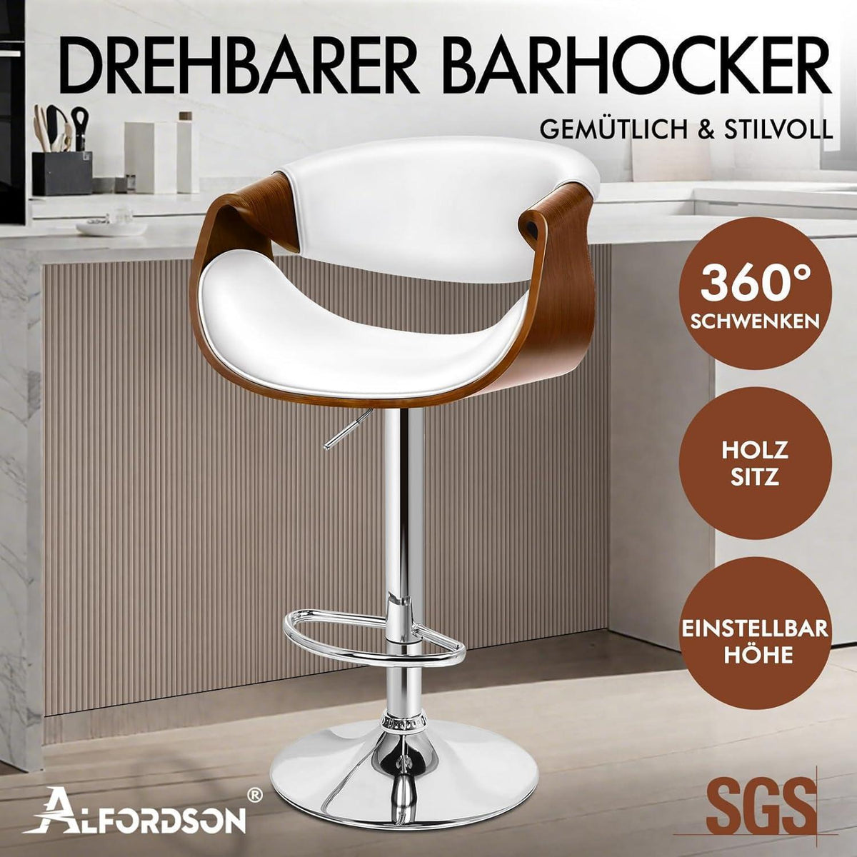 Höhenverstellbarer Barhocker mit Holzlehne – Weiß