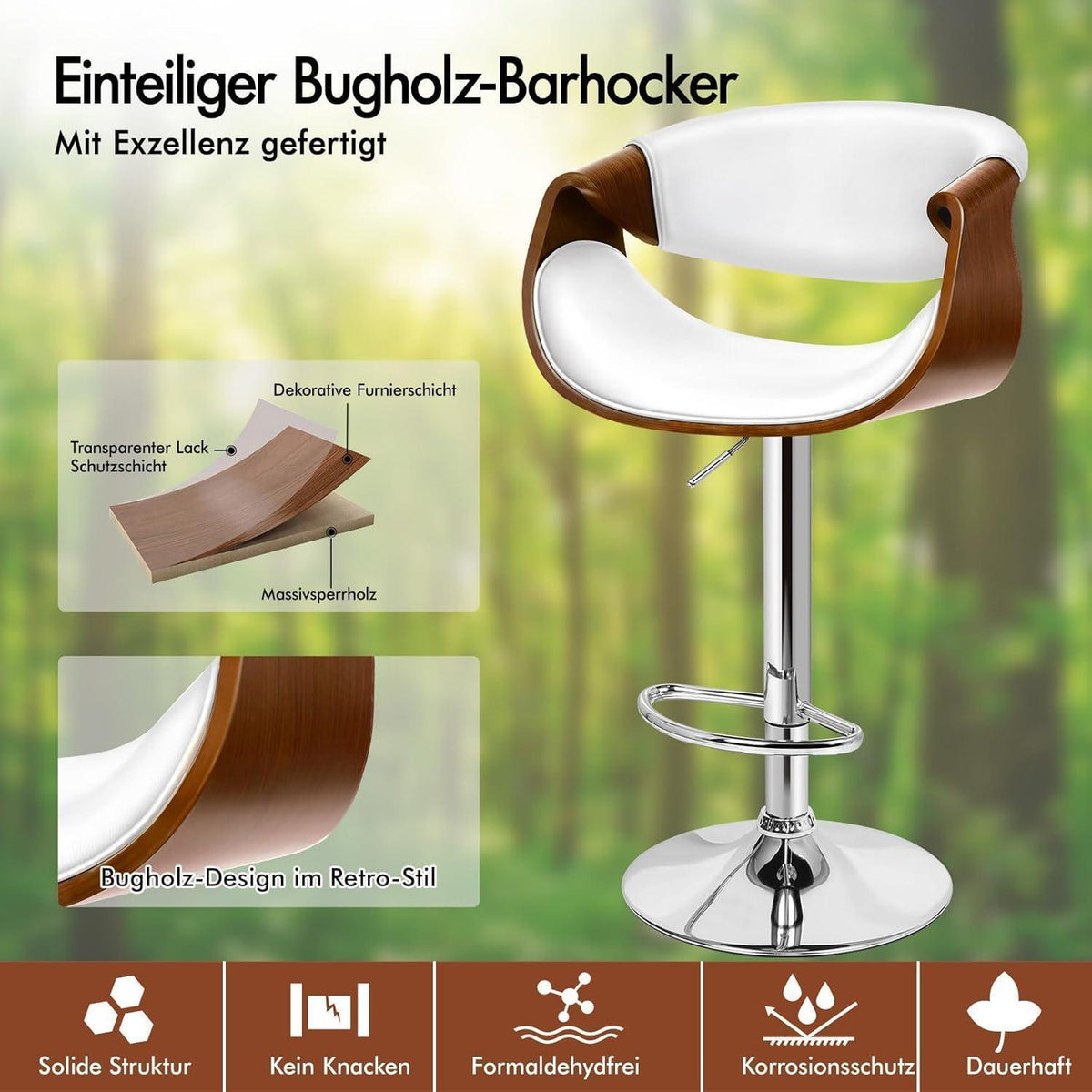 Höhenverstellbarer Barhocker mit Holzlehne – Weiß