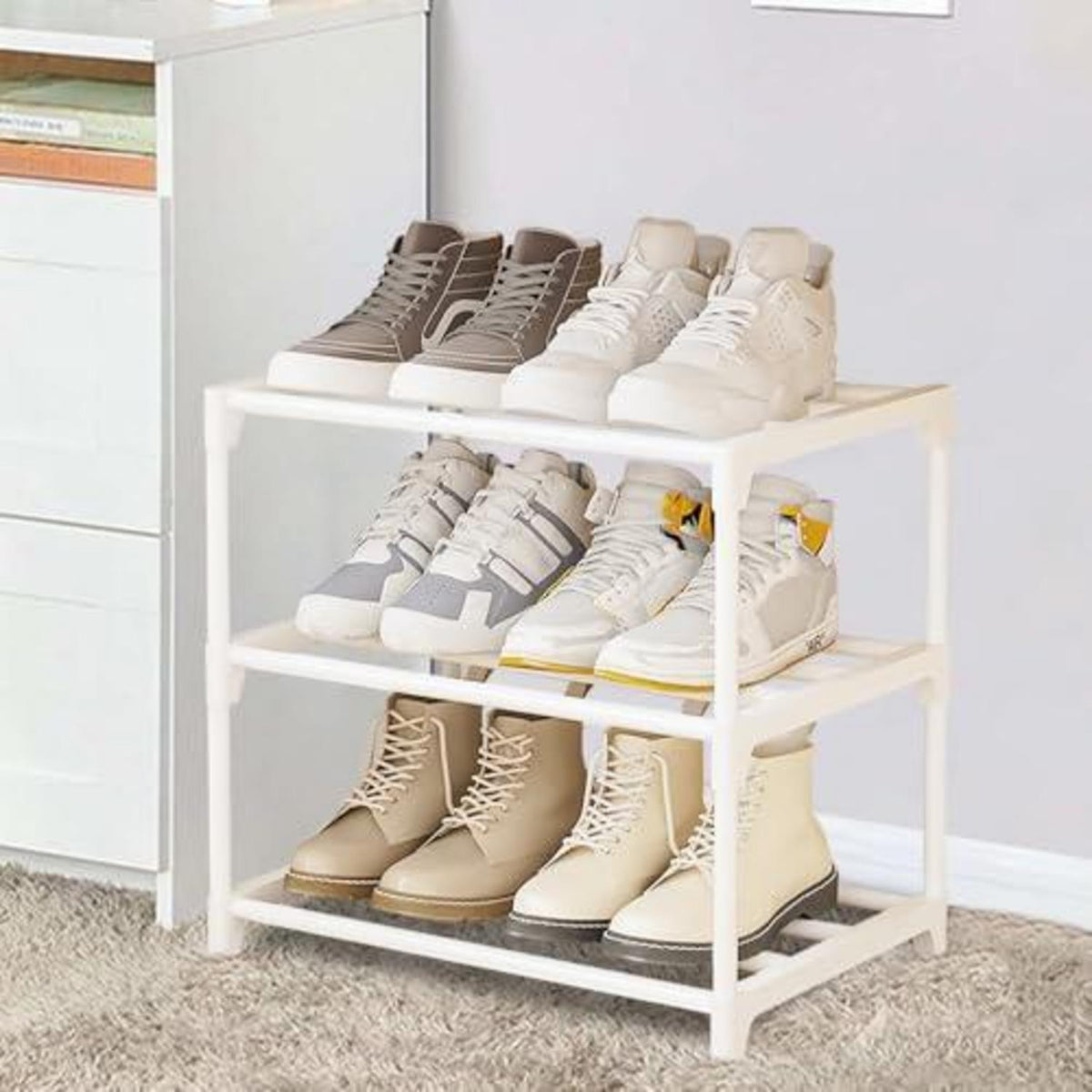 Schuhregal Schmal – 3 Ebenen, Metall & Weiß – Platzsparende Schuhablage