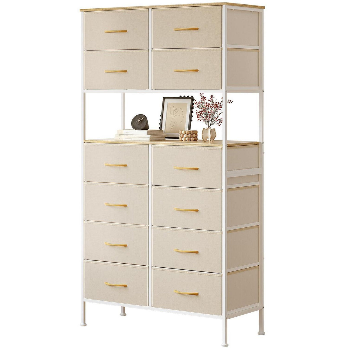 Hochkommode mit 12 Schubladen – Beige, Metallgestell, 80x163 cm