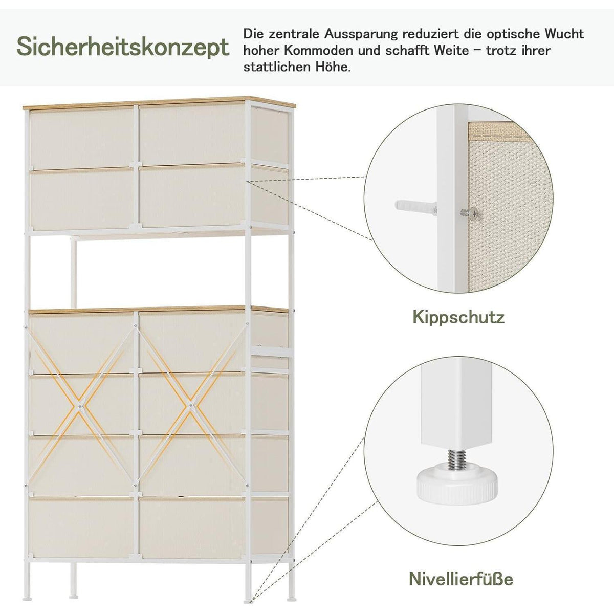 Hochkommode mit 12 Schubladen – Beige, Metallgestell, 80x163 cm
