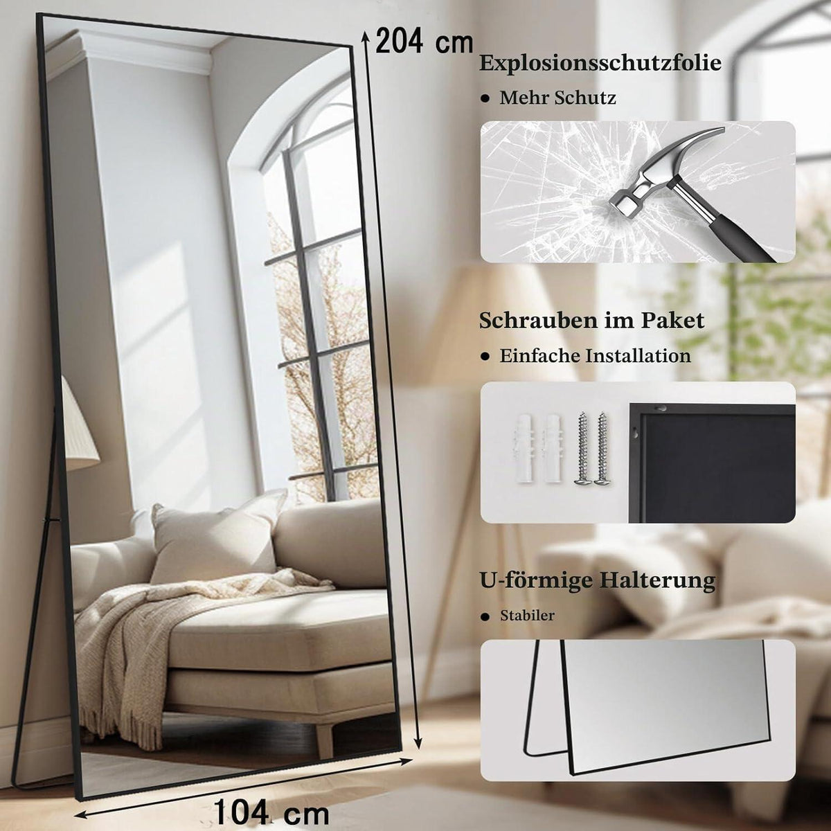 Ganzkörperspiegel 204x104cm – Stehspiegel für Schlafzimmer & Wohnzimmer
