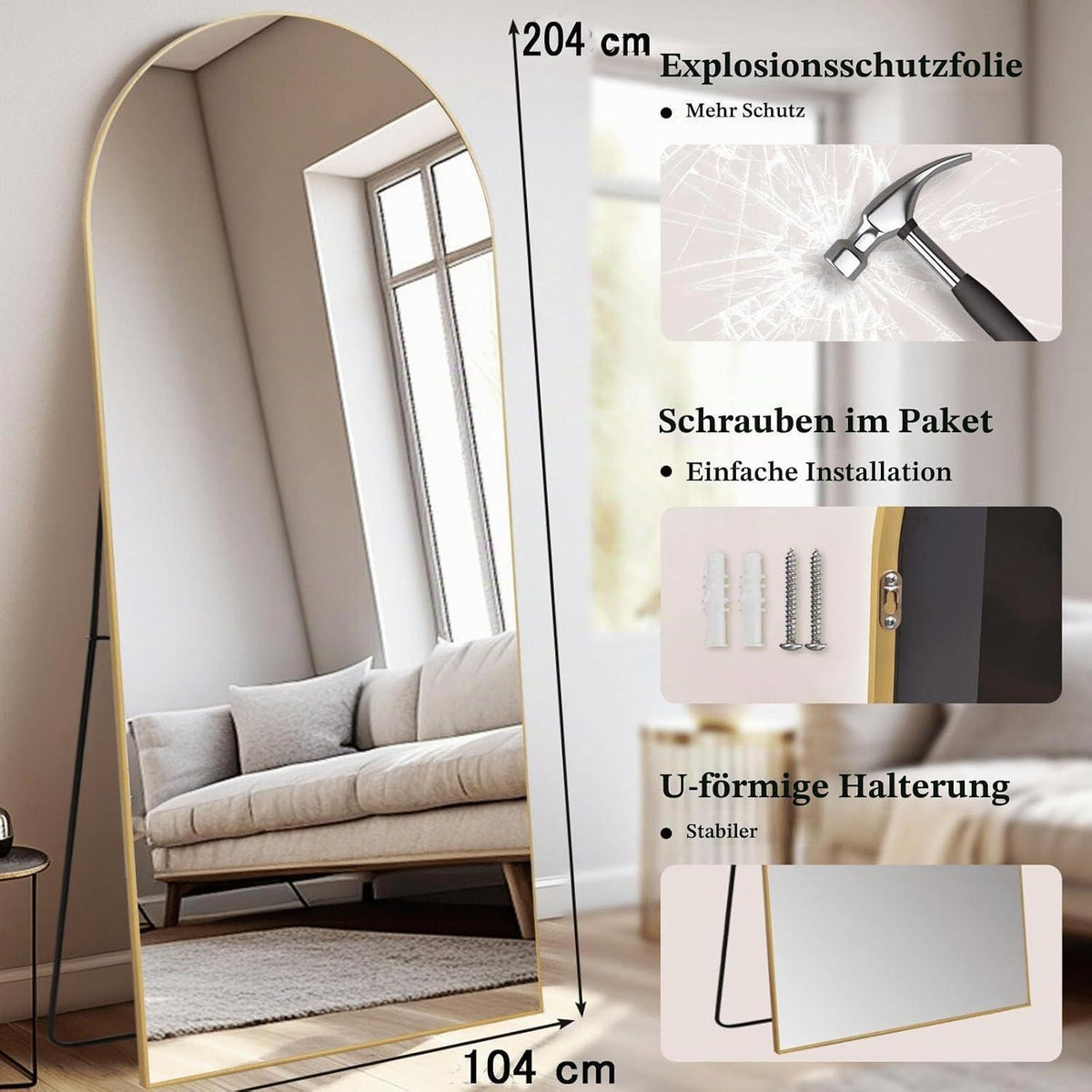 Gewölbter Ganzkörperspiegel 204x104cm – Stehspiegel Gold für Wohnzimmer
