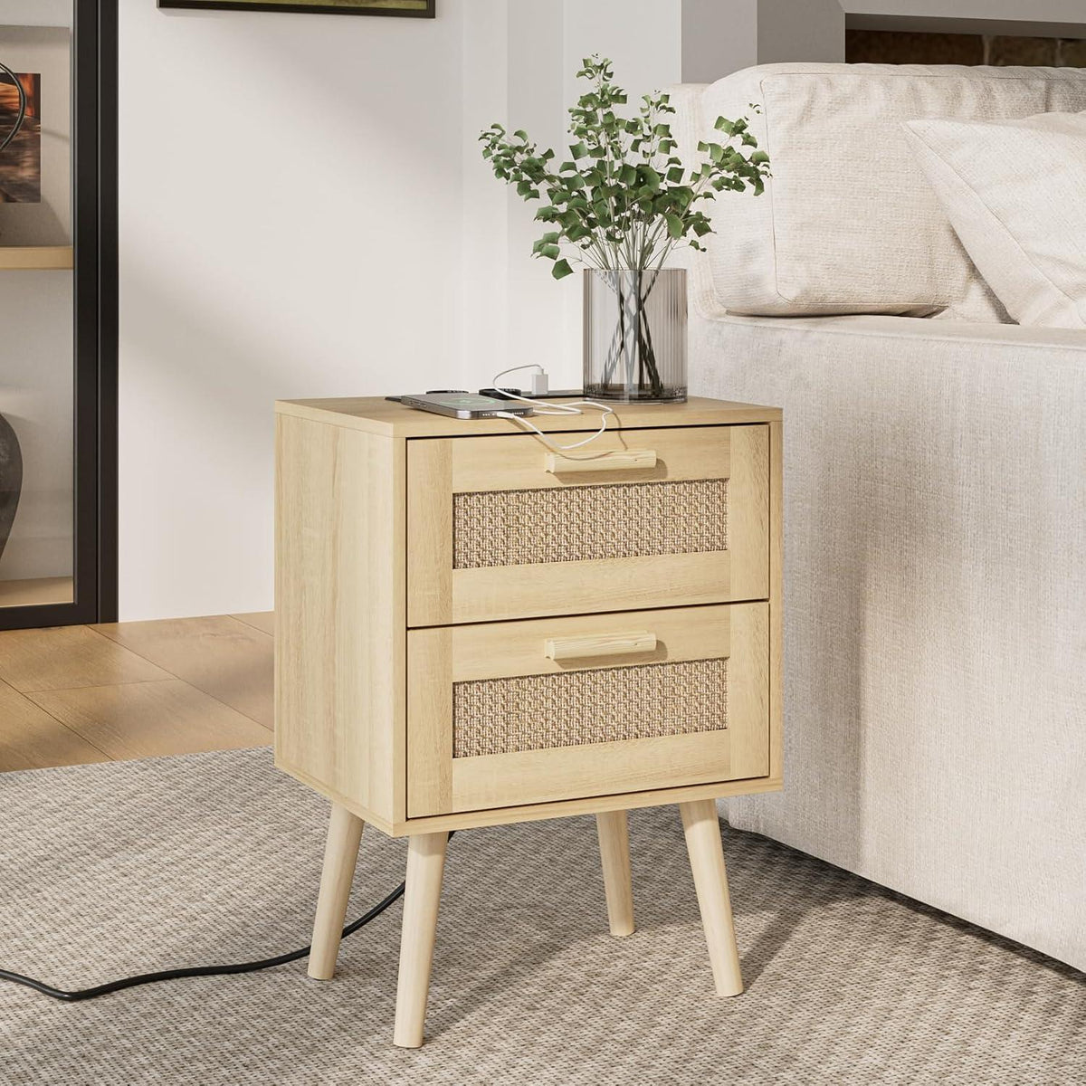 Nachttisch Rattan mit Schubladen und Holzbeinen, Eiche