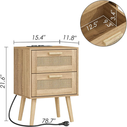 Nachttisch Rattan mit Schubladen und Holzbeinen, Eiche
