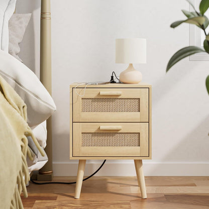 Nachttisch Rattan mit Schubladen und Holzbeinen, Eiche