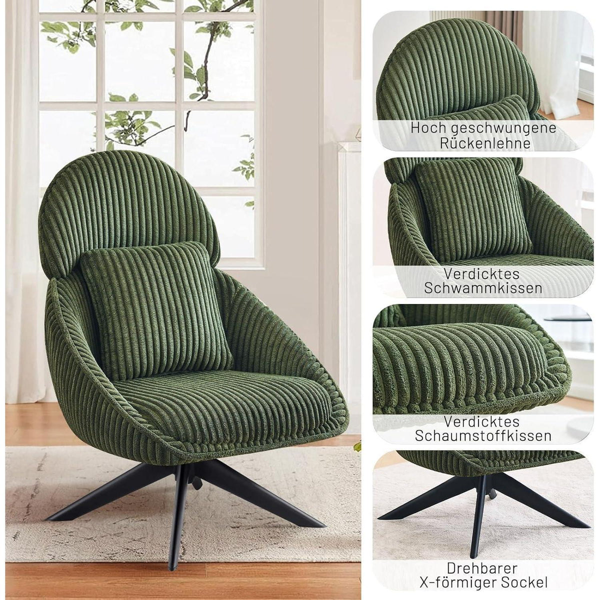 Drehbarer Loungesessel mit Kissen – Bequemer Sessel Grün
