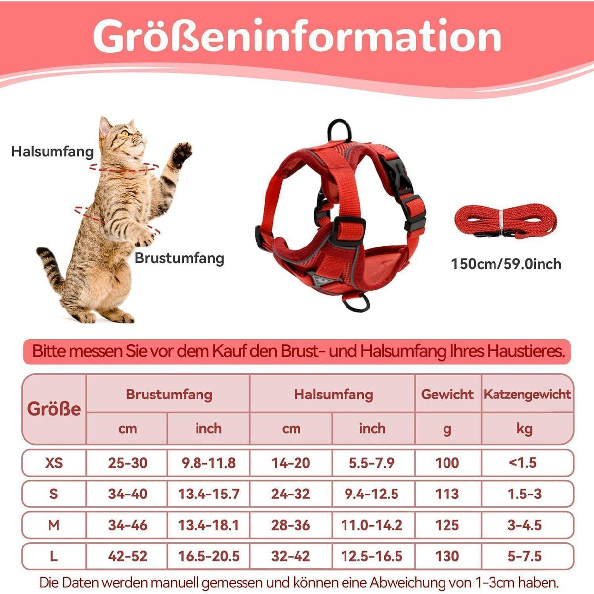 Ausbruchsicheres Katzengeschirr mit Leine, Rot XS
