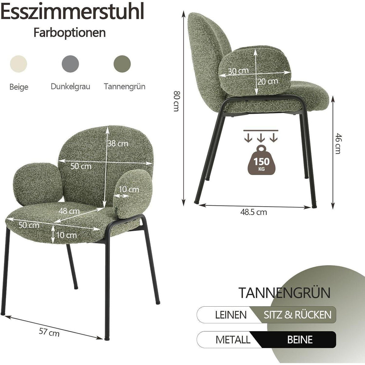 Esszimmerstühle 4er Set Tannengrün mit Armlehne & Leinenbezug