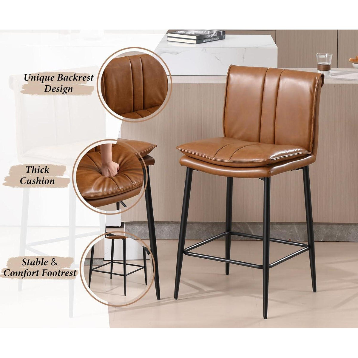 Barhocker Set 2er – Braun, Metallgestell in Lederoptik