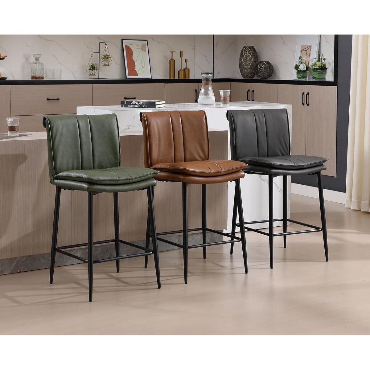 Grüner Barhocker 2er Set –, Metallgestell in Lederoptik
