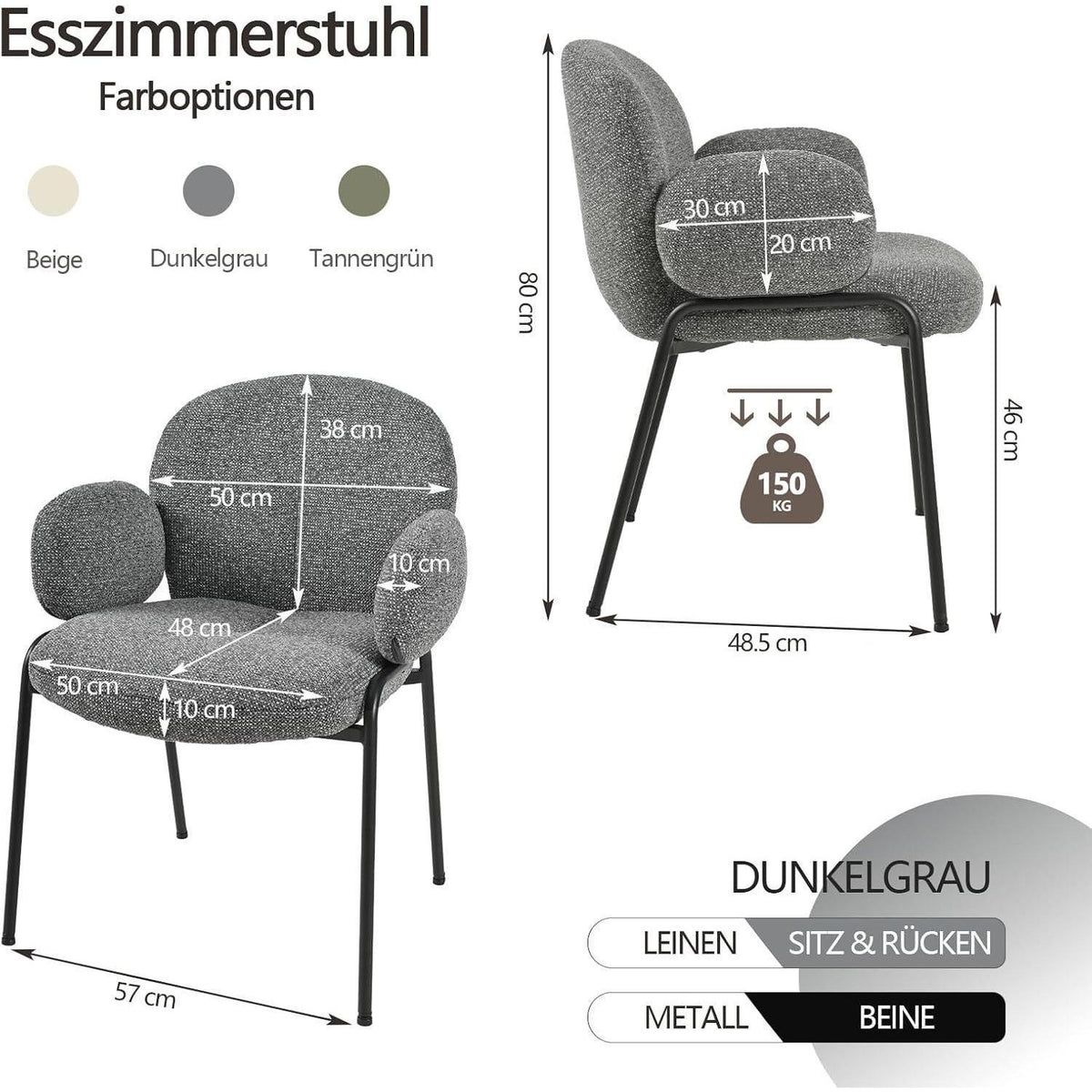 Esszimmerstühle 2er Set Dunkelgrau mit Armlehne & Leinenbezug