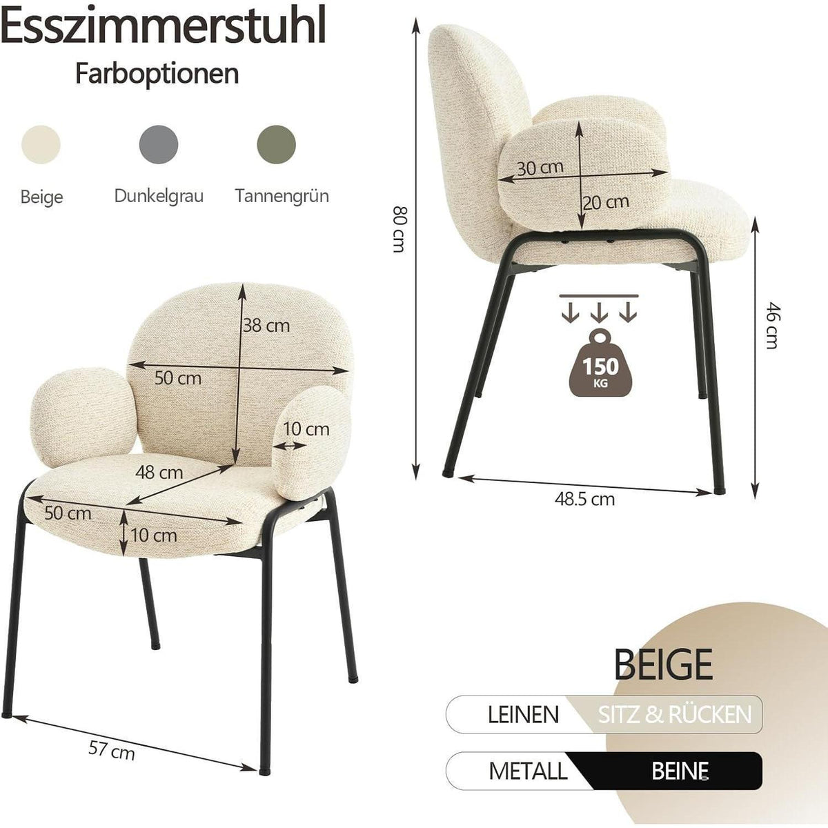 Esszimmerstühle 2er Set Beige mit Armlehne & Leinenbezug
