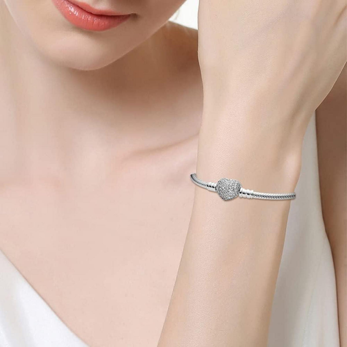 Sterling Silber Schlangen Gliederarmband mit Zirkonia, Damen Love Charm