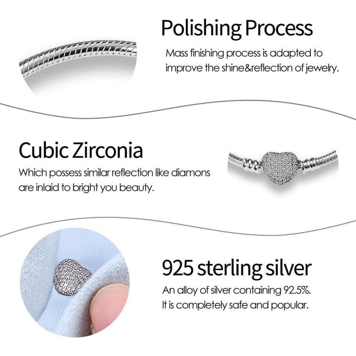 Sterling Silber Schlangen Gliederarmband mit Zirkonia, Damen Love Charm
