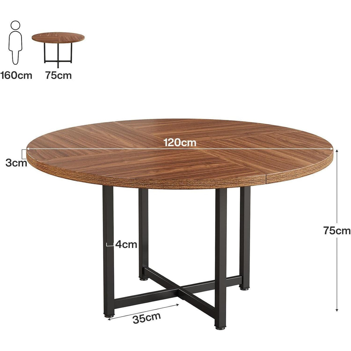 Runder Esstisch 120cm – Industrieller Küchentisch Schwarz & Braun