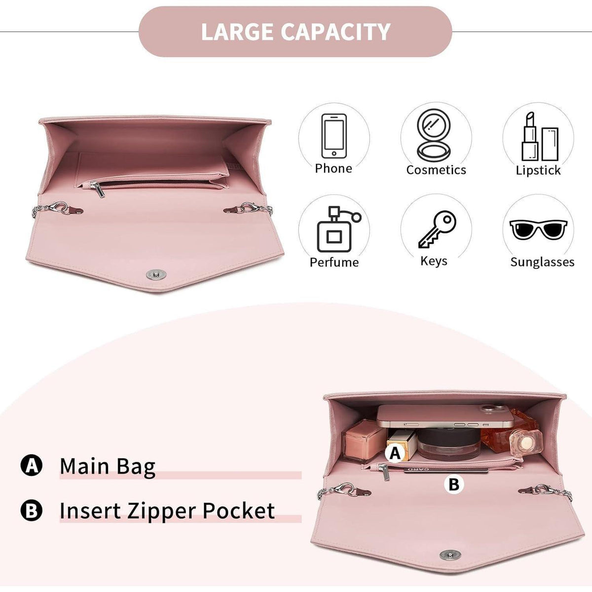 Clutch Damen Optik Leichtgewicht Umhängetasche Pink in Lederoptik
