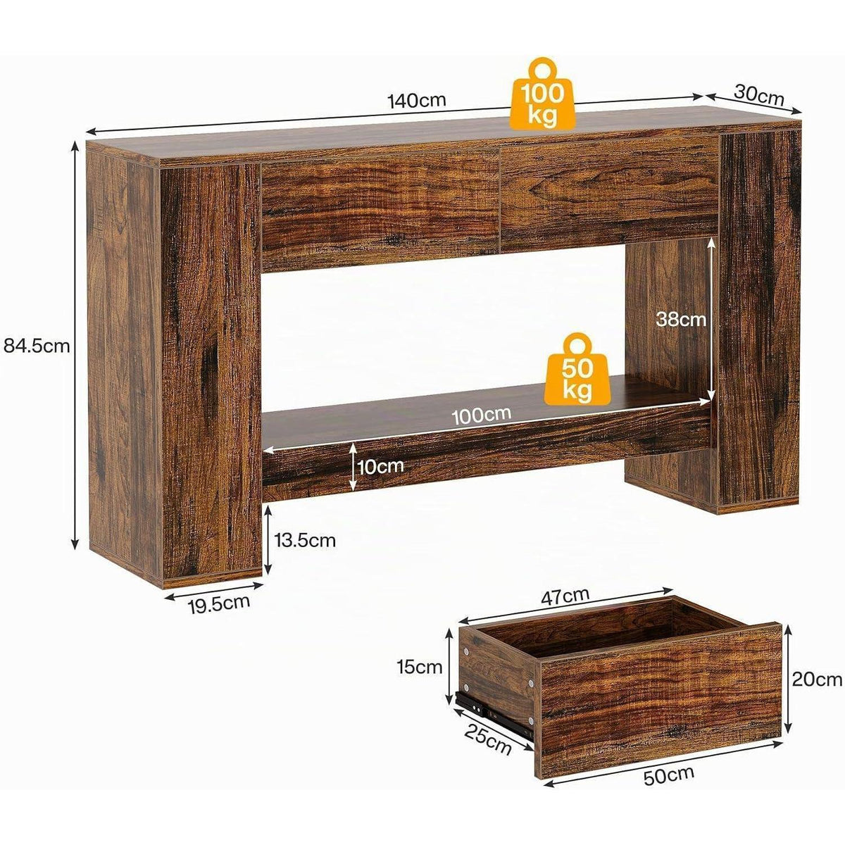 Rustikaler Konsolentisch mit 2 Schubladen – 140cm, Braun