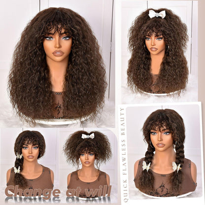 Lockige Perücke mit Pony, dunkelbraun, Echthaar-Mischung, 45,7 cm