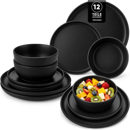Steingut Geschirrset 12tlg für 4 Personen, Schwarz