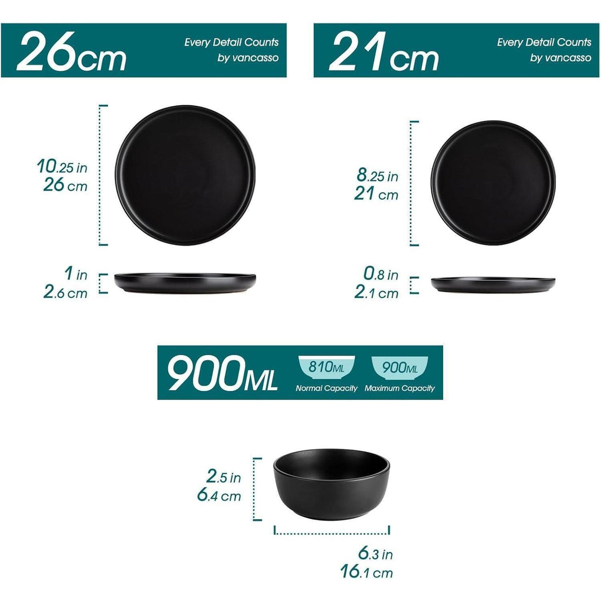 Steingut Geschirrset 12tlg für 4 Personen, Schwarz