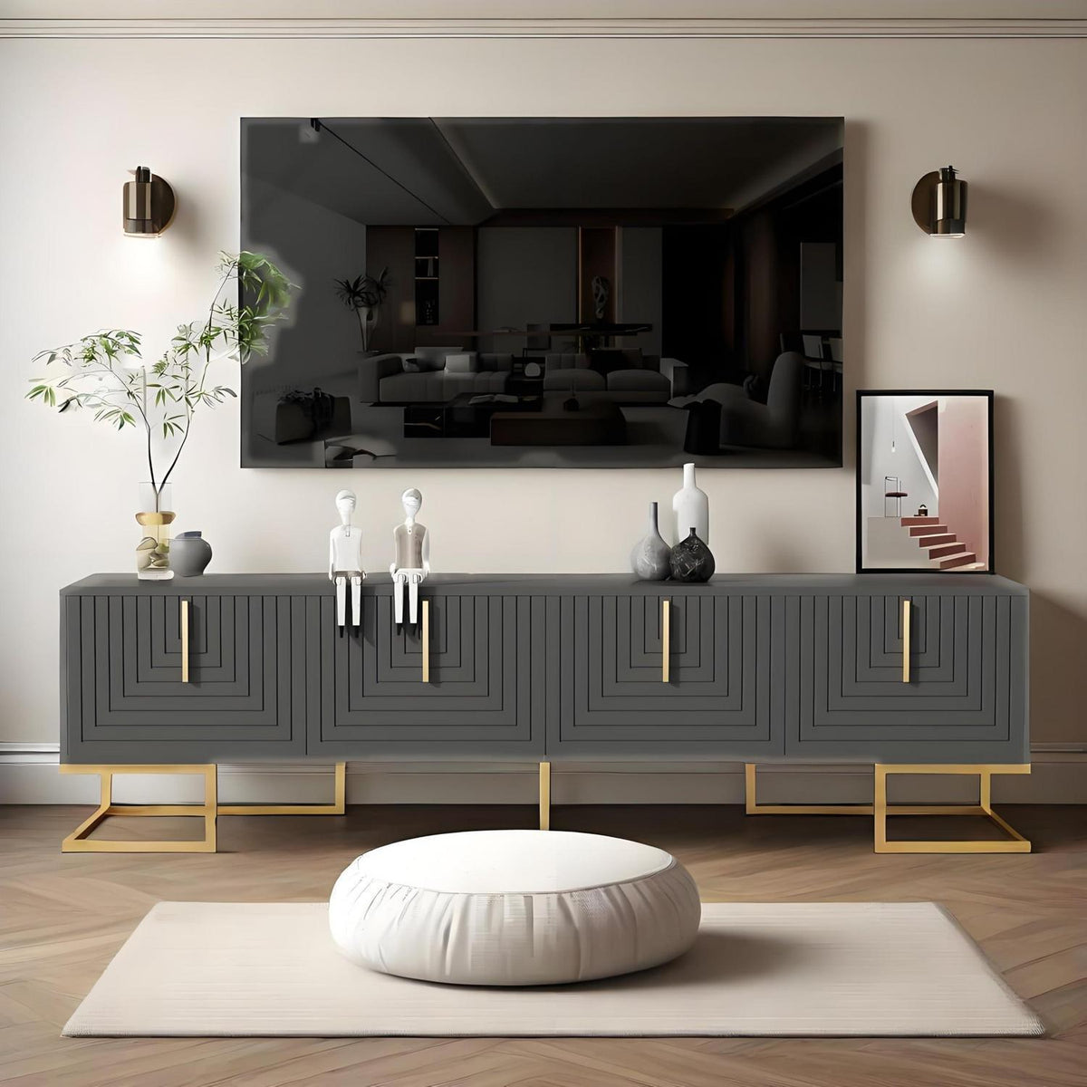 TV Lowboard Grau mit Struktur & Schubladen – 170x40x45.5cm