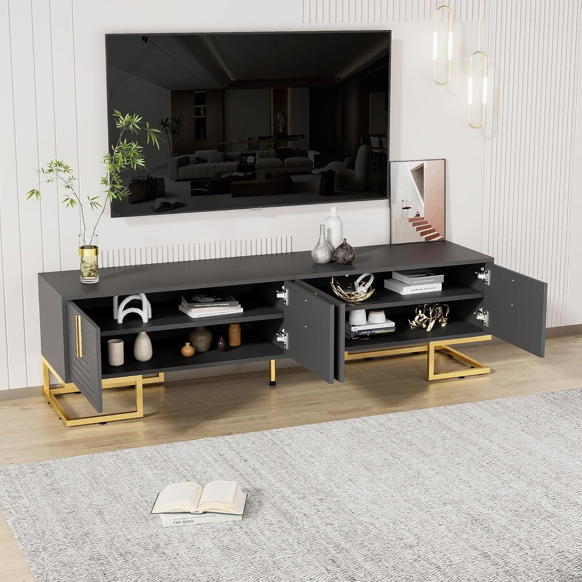 TV Lowboard Grau mit Struktur & Schubladen – 170x40x45.5cm