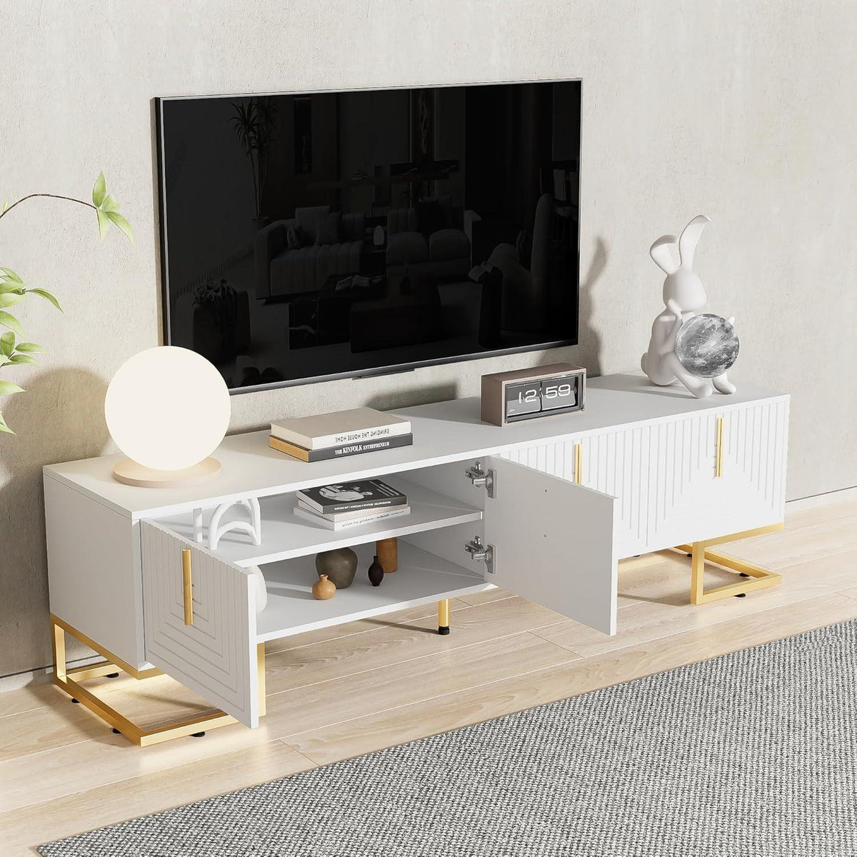 TV-Lowboard weiß mit goldenen Akzenten | 170x40x45.5cm