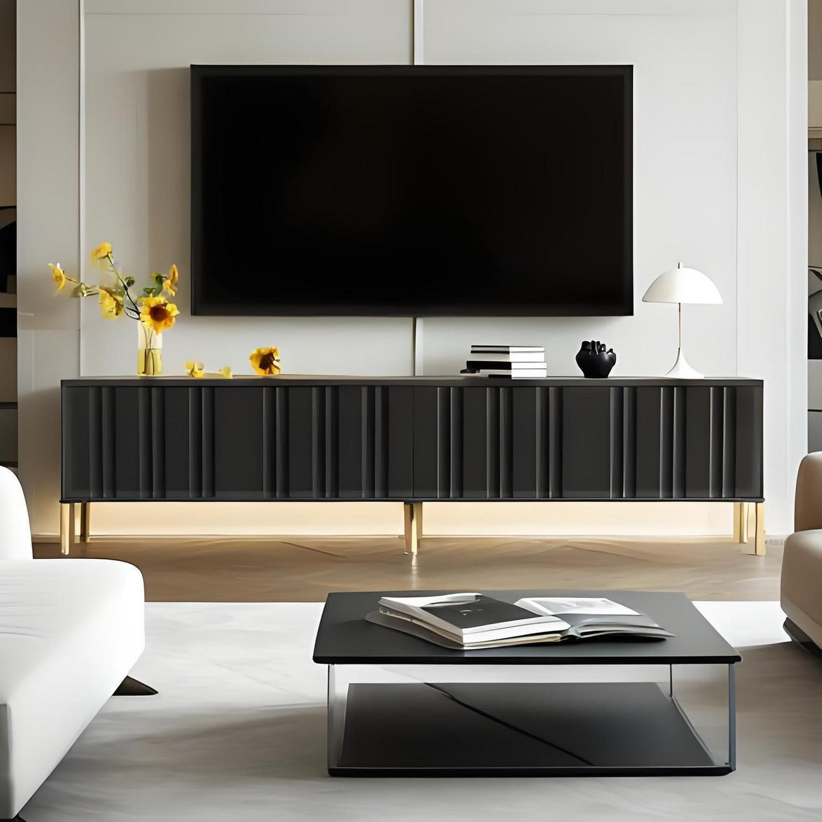 TV Schrank Schwarz mit goldenen Beinen & 8 Regalböden (190cm)